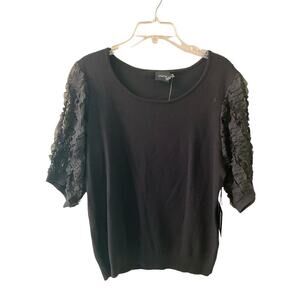 Cliche Blouse Top Women's SZ XL Black Long Sleeve Crew Neck Ruffles Ribbed Hem